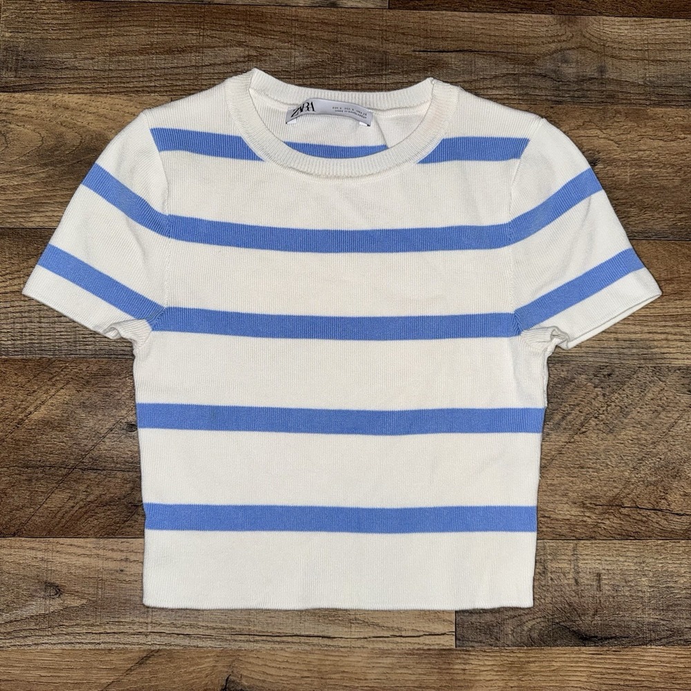 Zara Blue And White Cropped Short Sleeve Ribbed Top Medium